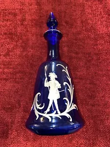 Antico DECANTER in vetro stile MARY GREGORY dipinto a mano blu cobalto - Foto 1 di 3