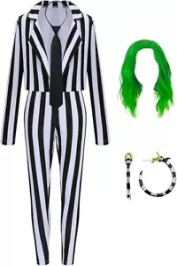 Damen Beetlejuice Kostüm schwarz weiß gestreift Anzug und Perücke Halloween XL - Bild 1 von 13