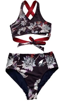 Athleta Piha sz Med bikini wrapround reversible top HiWaist plum floral/solidred - Image 1 of 4