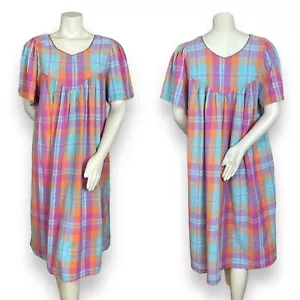 Vintage Plaid Muumuu Dress Relaxed Fit Flaws Cotton Women Size Large Blue Orange - Picture 1 of 16