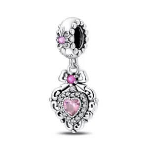 KUNSIR 925 Sterling Silver Full Pave Heart Charm with Pink CZ Heart Dangle Charm - Picture 1 of 5