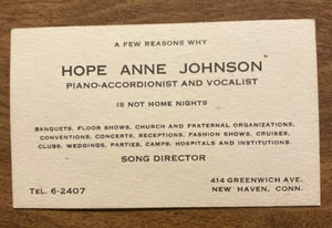 Tarjeta de visita del director de canciones de la década de 1940 "Hope Anne Johnson" New Haven Connecticut P5a - Imagen 1 de 10