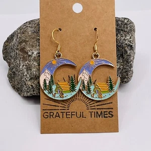 Earrings Nature Outdoors Moon Mountain Camping Jewelry Teacher Gift Hook Dangle - Picture 1 of 6