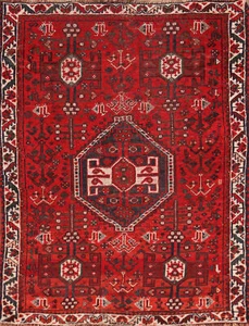 Red/ Ivory Nomadic Wool Geometric Traditional Rug 4x5 ft Handmade Carpet - Picture 1 of 23