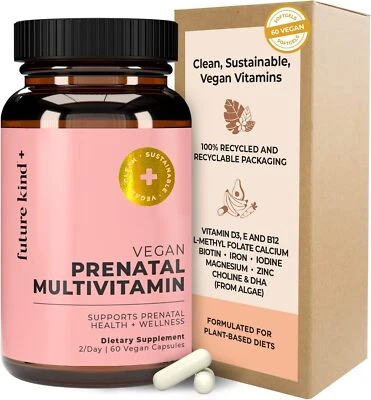 Vitamina prenatal vegana Future Kind con DHA y L-metilfolato en botella de vidrio... Foto 1 de 4