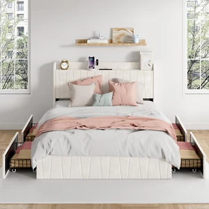 Bed Frame Queen Size with 4 Storage Drawers & Charging Station - Picture 1 of 7