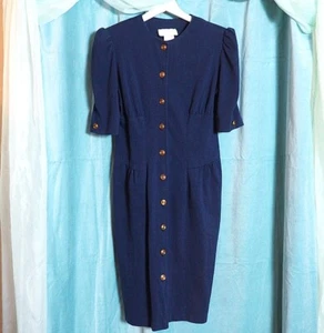 VTG 80s Benson & Smith Navy Blue Copper Button Shoulder Pad Bodycon Dress Sz S - Picture 1 of 6