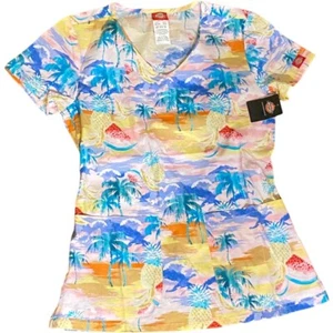 NEW XS Dickies Scrubs Tropical EDS V Neck Top DK700 California Dreaming Hawaiian - Picture 1 of 4