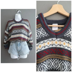 Vintage 80s 90s Cream grey red stripe Aztec pattern Knit v neck Jumper 8 10 S - Picture 1 of 7