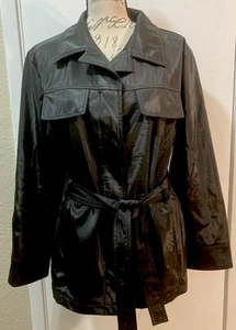 CS SIGNATURE Jacket Short Trench Single Breasted PolyVinyl Black Belted Button L - Picture 1 of 11