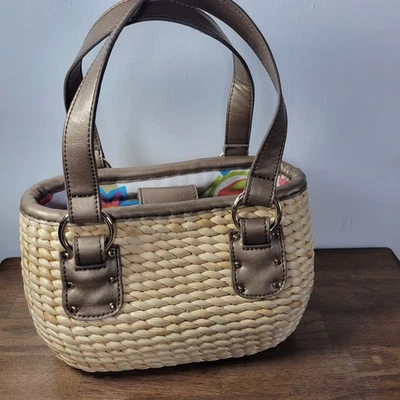 VTG 80s Liz Claiborne Woven Straw Basket Purse Tote Bag Floral Liner Boho Retro - Image 1 of 4