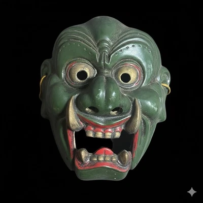 Máscara Showa Era Noh “Oni / Demonio” por Hōtokusai – Cerámica Verde, Firmada Japón Foto 1 de 4