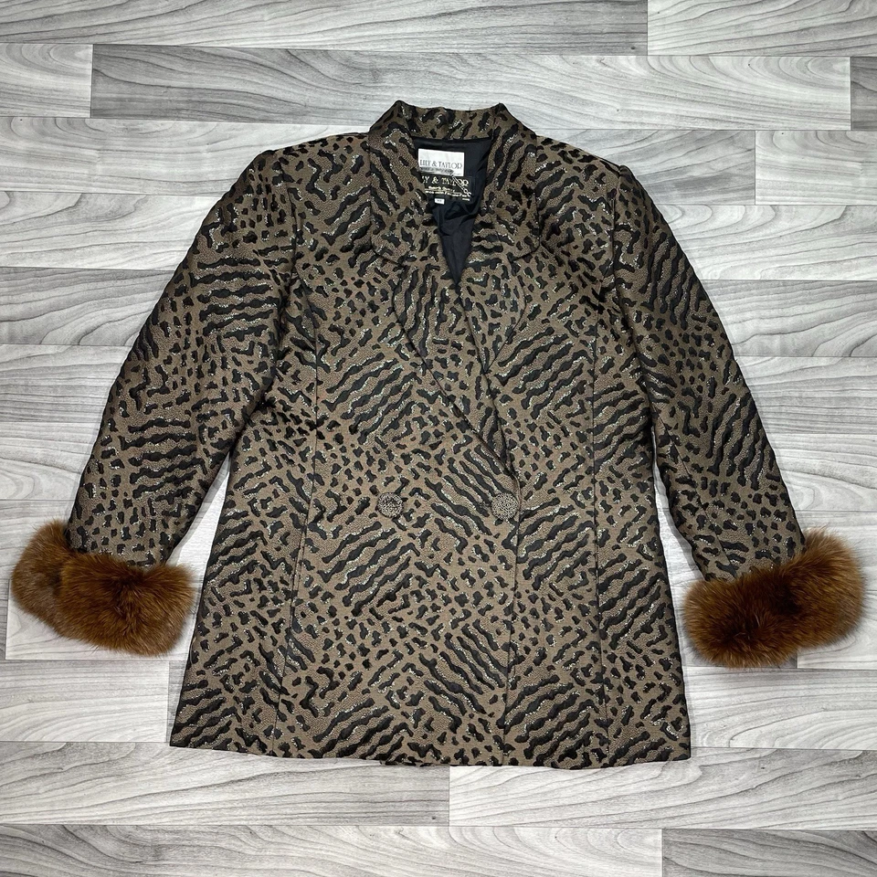 Винтажный Lily & Taylor Fox меха отделки платье пальто женщин 18 Blazer гепард печать - Изображение 1 из 4