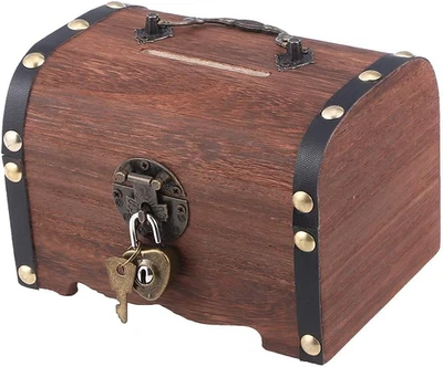 Caja de almacenamiento retro de cofre del tesoro de madera, organizador de tesoros de madera caja de monedas cerdito  Foto 1 de 4
