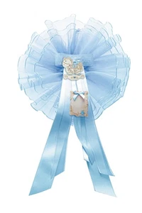 Coccarda per nascita con nastri in pergamena di raso e applicazione di code - Foto 1 di 6