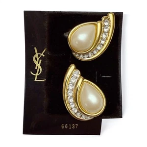 Vintage Yves Saint Laurent YSL Ohrringe Teardrop Faux Pearl Strass Clip On - Bild 1 von 6