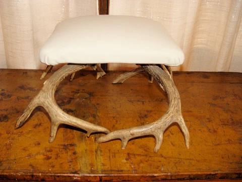 Rustic Deer Antler Footstool, Padded Leather Covering - Cabin Decor Cover