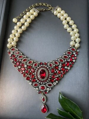 HEIDI DAUS 复古项链房地产珠宝值得等待珍珠红宝石围兜 300 美元 — 第 1/4 张图片