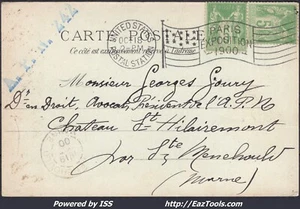 FRANCE N° 106x2 SUR CP CACHET PARIS EXPO 1900 + CAD US POSTAL STATION 18/10/1900 - Picture 1 of 2