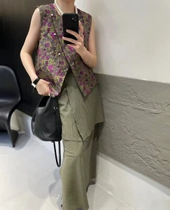 Chaleco Para Mujer Jacquard Púrpura Floral Satén Perla Botón Talla Única - Imagen 1 de 9