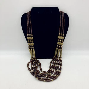 Vintage Multi Strand Gold Tone Metal Brown Beaded Necklace, 16'' - Picture 1 of 9