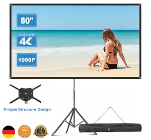 80 Zoll PVC Beamer Leinwand Mit Stativ Dreibein Tragbar 16:9 4K Heimkino Camping - Bild 1 von 9