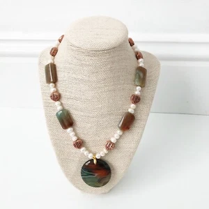 NWT Genuine Agate, Pearls & Copper Necklace Green White Brown - Picture 1 of 7