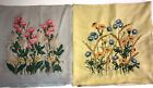 Two Completed Crewel Embroidered Pillow Covers Flower Gardens 12” Pillows