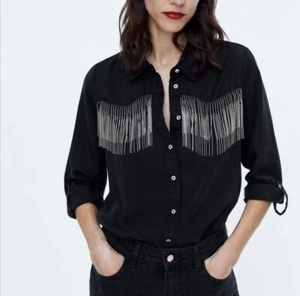 ZARA Blouse S FRINGE Top Shirt Western Silver Metallic Tab Sleeves Button Up NWT - Picture 1 of 3
