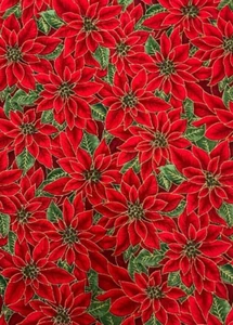 WOODLAND SPLENDOR #EWKM-5527-POINSETTIA'S TRIMMED W/GOLD METALLIC- BY THE YD - Picture 1 of 3