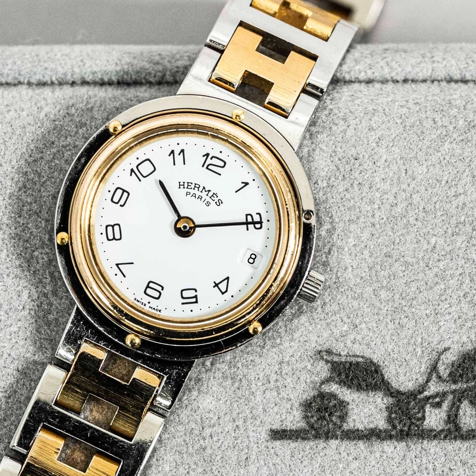 *Exc+5 con caja* Clipper vintage HERMES CL4.220 cuarzo esfera blanca fecha 24 mm para mujer Foto 1 de 4