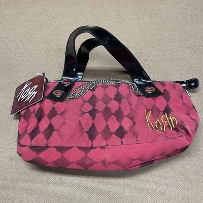 Korn Purse Handbag Womens Red Black Diamond Pattern Chain Patent Handles Logo - Image 1 of 4