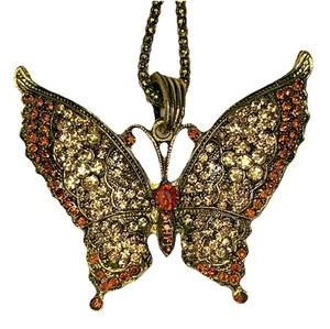 NWOT BETSEY JOHNSON CRYSTAL ANTIQUE GOLD TONE METAL BUTTERFLY PENDANT NECKLACE - Picture 1 of 10