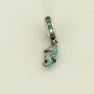 Pandora Sterling Silver Tropical Seahorse Blue Teal Enamel CZ Dangle Bead Charm - Image 1 of 4