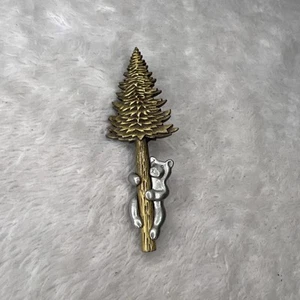 Vintage JJ Jonette Jewelry Pewter Bear Climbing Tree Brooch Lapel Pin 2.75” - Picture 1 of 8