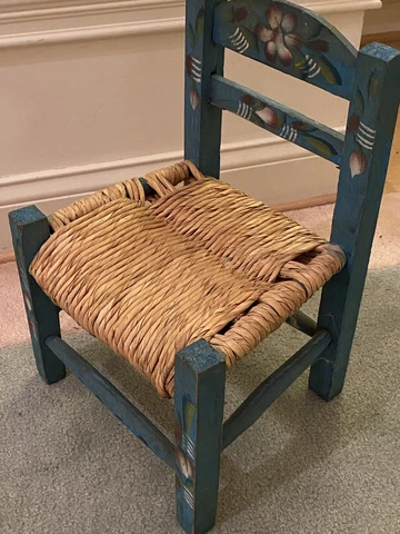 Teal Tole painted children’s or doll chair Rush seat great condition Antique Cover