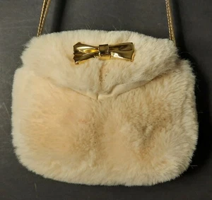 Mad Engine Girl’s Cross-Body Faux Fur Purse Gold Bow-Strap Excellent Condition - Picture 1 of 9