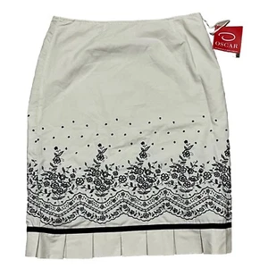 Vintage Oscar De La Renta Flare Fringed Skirt Ivory And Black Floral Size 6 - Picture 1 of 9