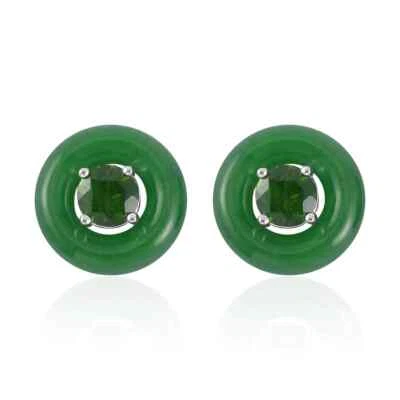 STUNNER!!  17.35ctw Jade Jackets & Chrome Diopside Stud Earrings Rhodium Plated - Image 1 of 4