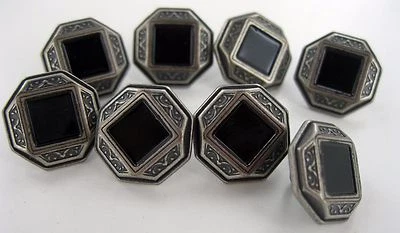 BUTTONS 8 PIECES BLACK ONYX Square polished stone in center Button Silver  - Image 1 of 4