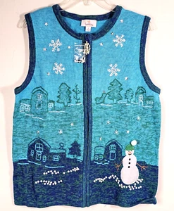 Quacker Factory Teal/Green Sequin Christmas Snowman Village Zip Vest Size M - Picture 1 of 8