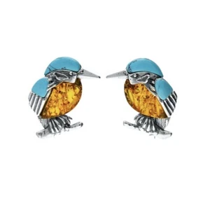 Kingfisher Stud Earrings Sterling Silver 925 Amber And Turquoise Gemstones Bird - Picture 1 of 2