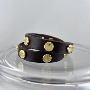Tory Burch Unisex Leather Double Wrap Logo Stud Adjustable Bracelet Brown - Picture 1 of 5
