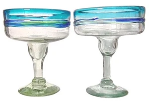 2 mundgeblasene mexikanische Margarita Gläser türkis & aquamarin 6,5" hoch x 5" breit - Bild 1 von 2