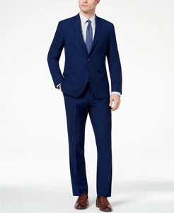 Kenneth Cole Mens Slim fit 2 Piece Suit 44 L / 37 Waist Blue Solid Stretch - Picture 1 of 6