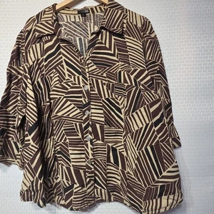 East 5th Woman Blouse 2X Linen Rayon Brown Beige Geometric Print Button Front... - Picture 1 of 12