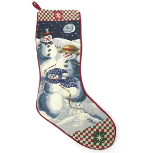 Vintage Embroidered Needlepoint Christmas Stocking Snowman Family Wool - Picture 1 of 5