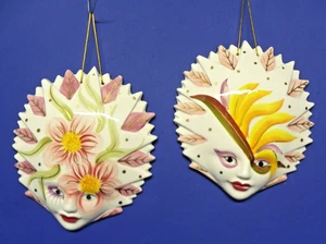 Set of 2 Ceramic Wall Mask Glossy Finish 9" x 8" White w/ Yellow & Pink Accents - Picture 1 of 7