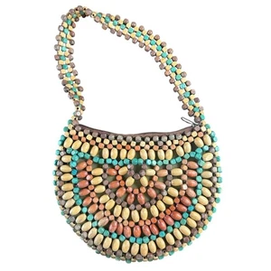 Vtg- Wooden Beaded Shoulder Bag- Purse- Natural-unbranded- some wear - Picture 1 of 8