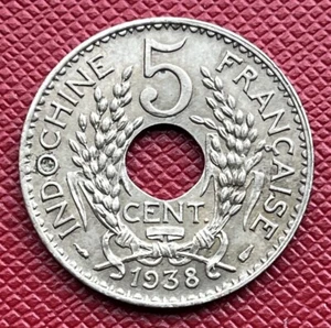 French Indochina 1938 Nickel Silver 5 Cents. High Grade. Lustrous. KM# 18.1a - Picture 1 of 2